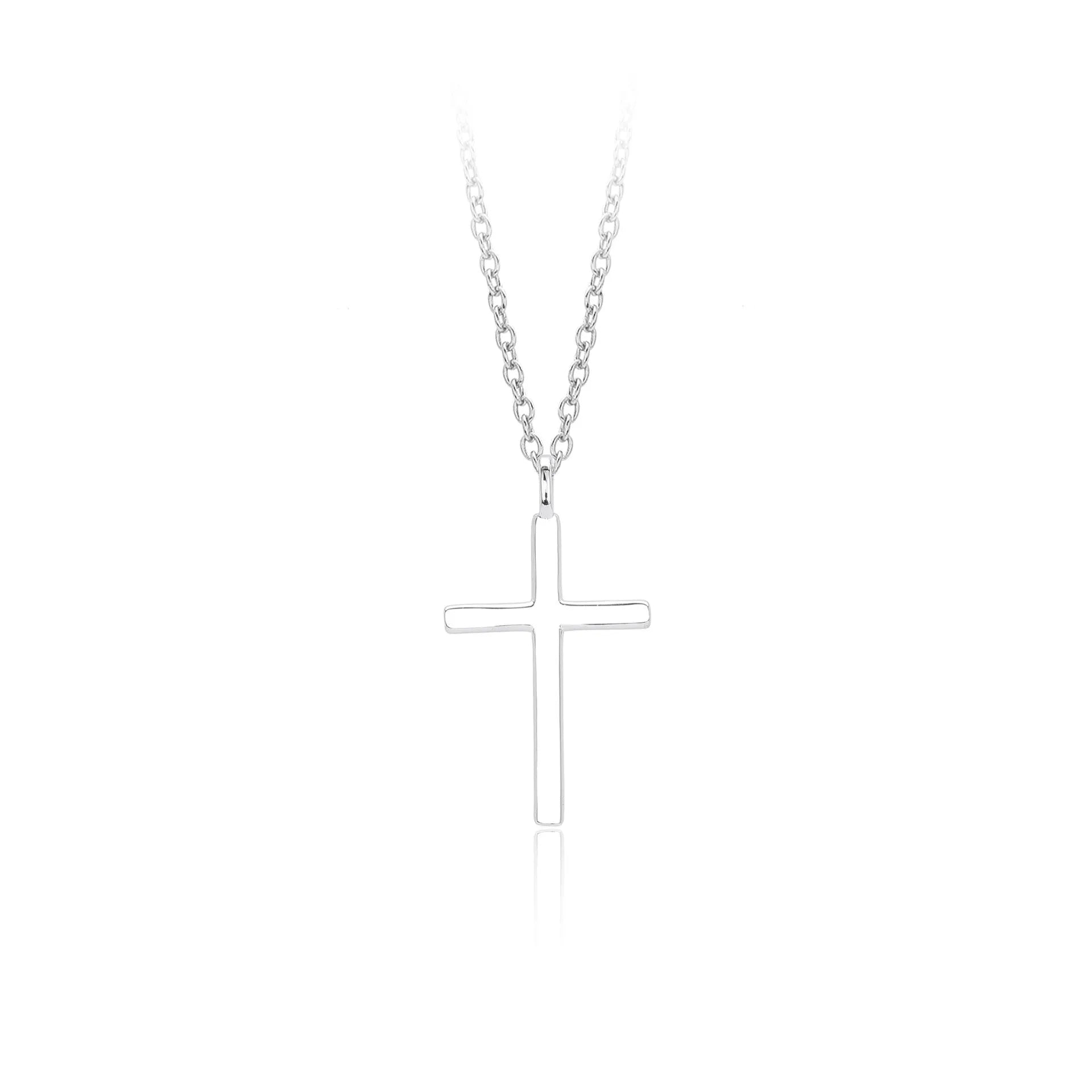 Simple glossy cross pendant on a sterling silver O-chain necklace.