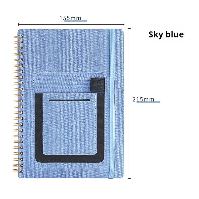 A5 coil-bound erasable notebook with waterproof stone paper in a customisable cover, shown with a pen.