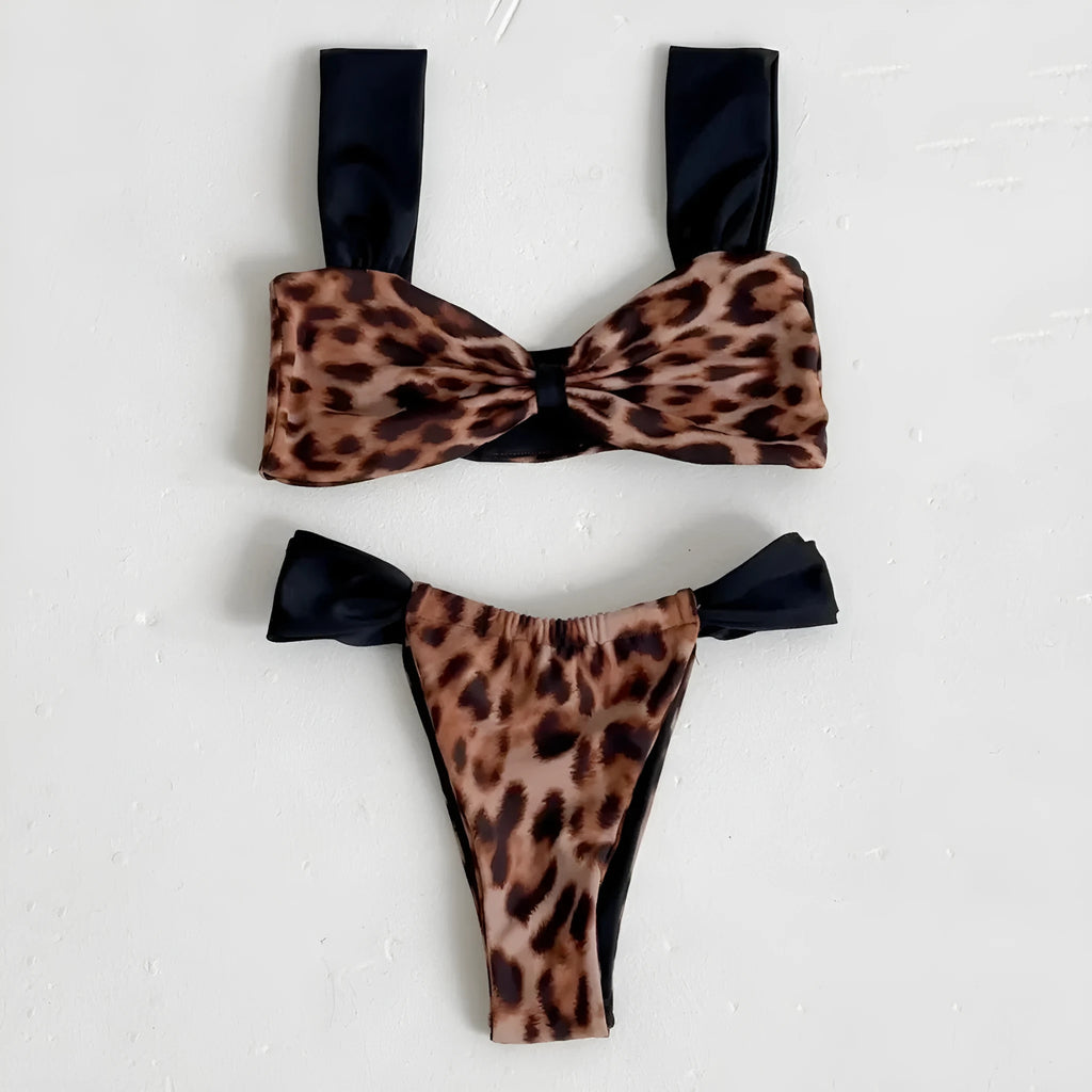 Bikini leopard print tube top split women's suit sleeveless nylon two piece set with T-pants