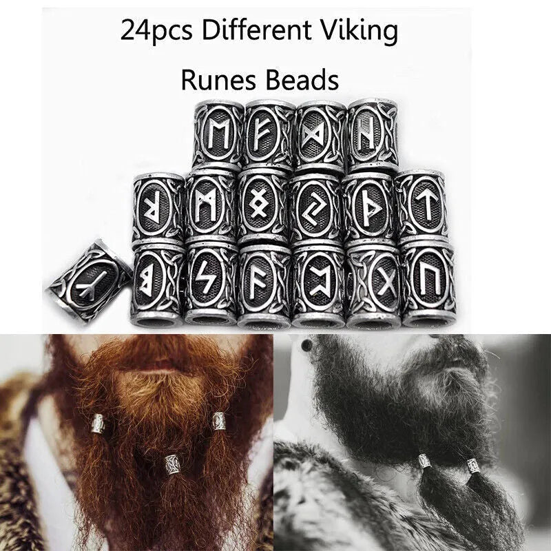 Set of 24 antique silver alloy Viking rune beard beads 13x10mm with 6mm inner diameter