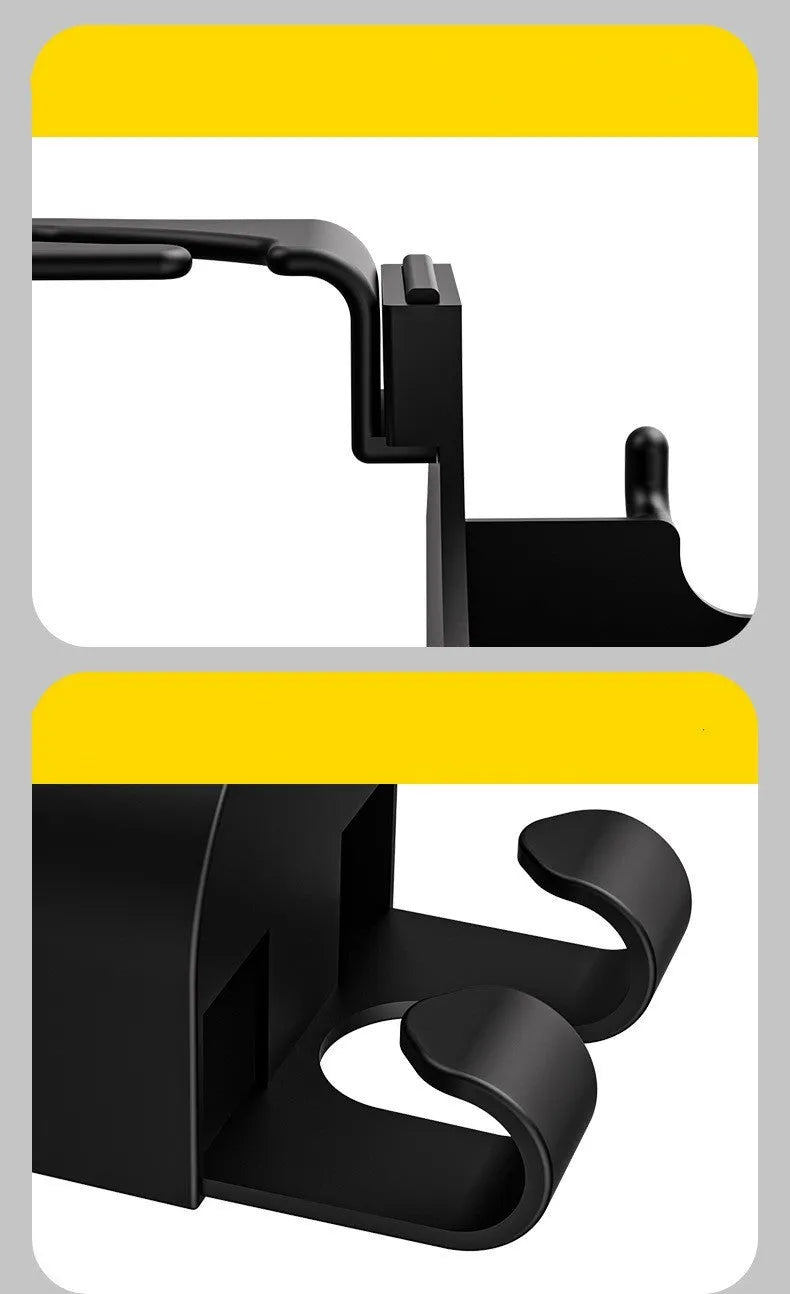 Black plastic car seat back hook organiser with cup holder mounted on vehicle headrest