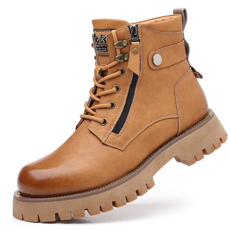 Men's brown leather mid-calf boots with side zipper and thermal lining