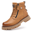Men's brown leather mid-calf boots with side zipper and thermal lining