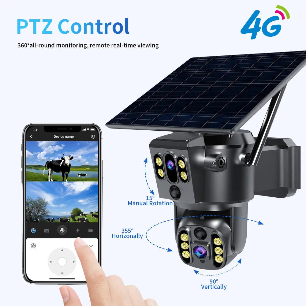 US Solar Camera dual lens outdoor monitor with 2560x1440 resolution, 30x zoom, and solar panel