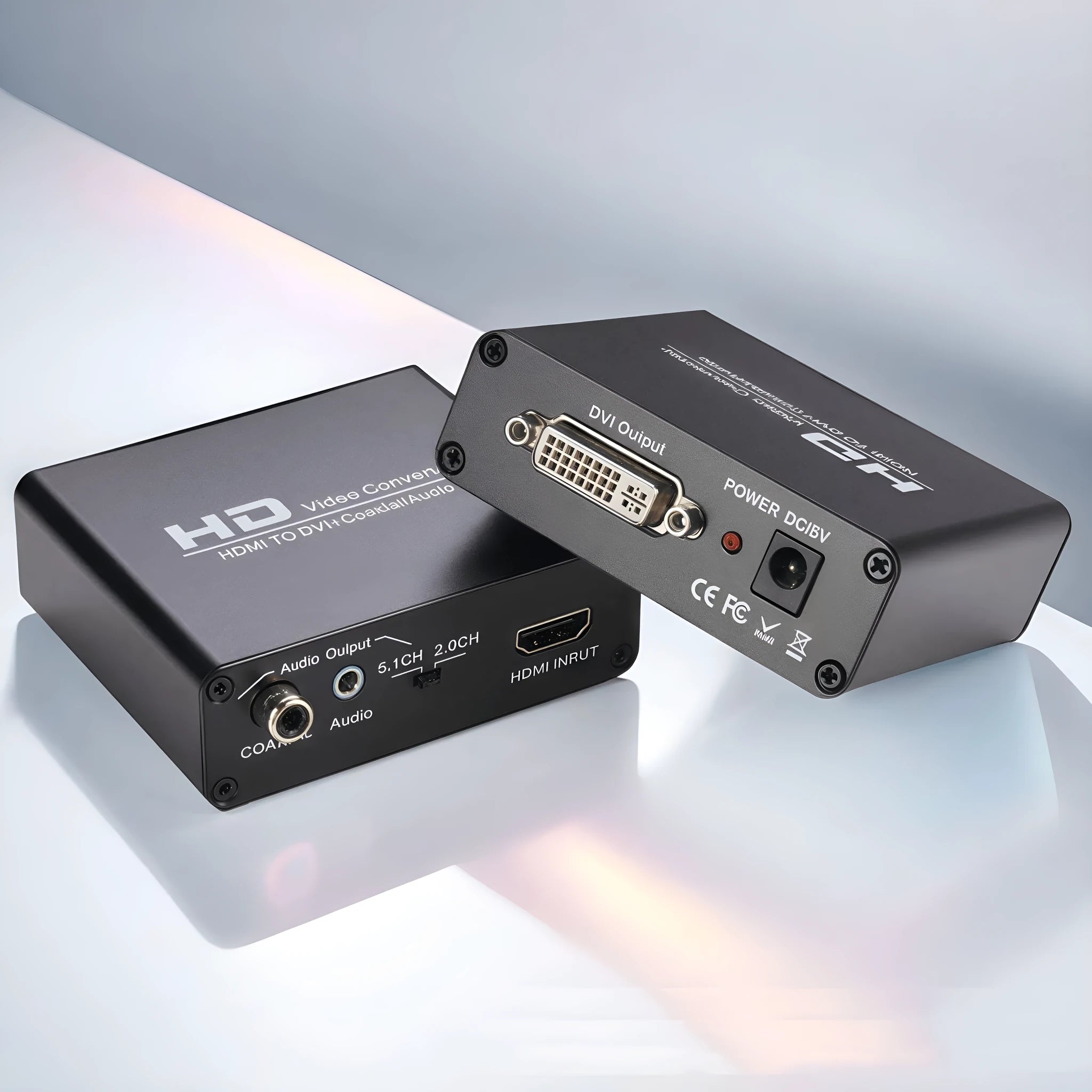 Black HDMI to DVI converter with coaxial audio output port and 1.5 metre cable