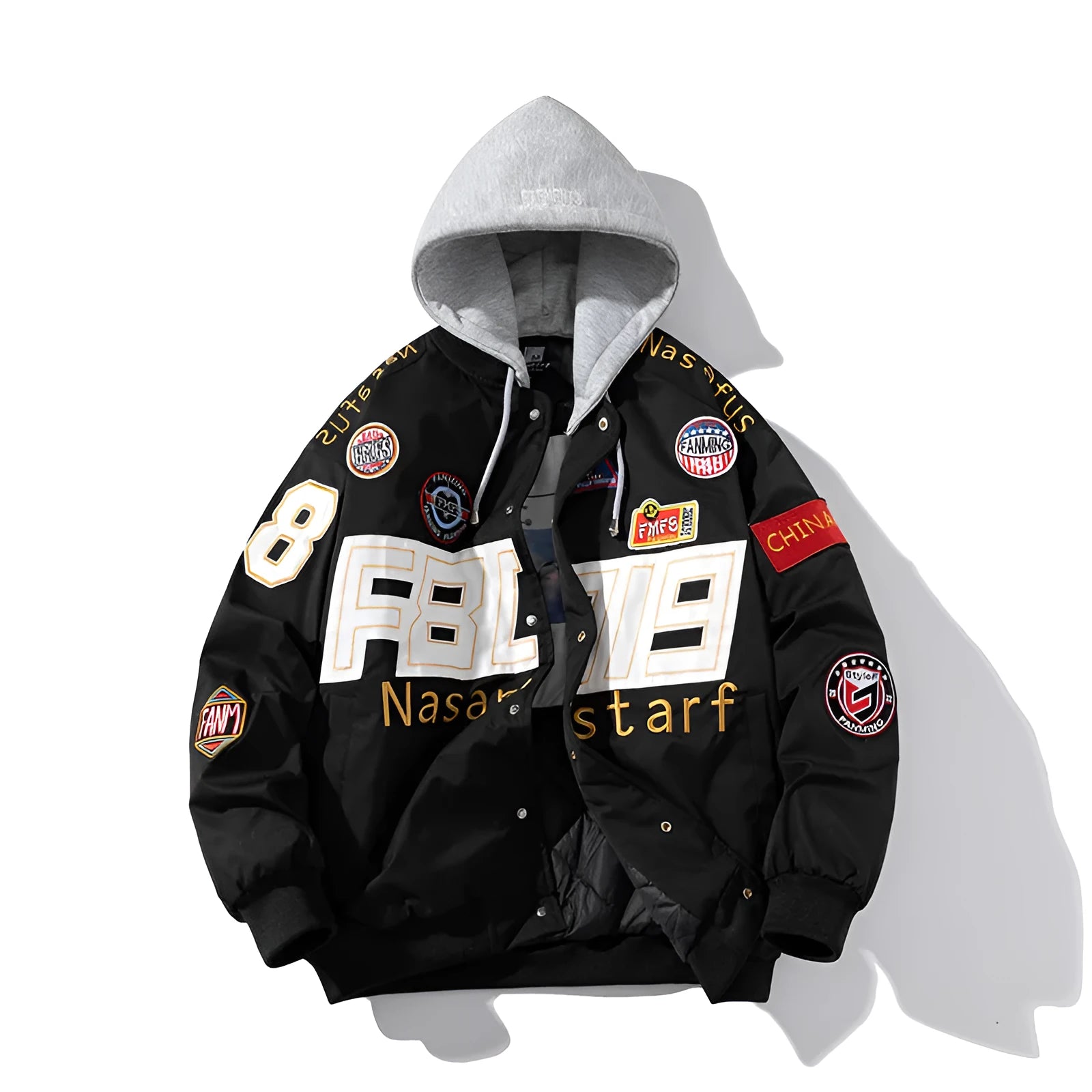 Black American motorcycle-style loose-fit baseball jacket with side seam pocket, shown as part of a couples uniform.