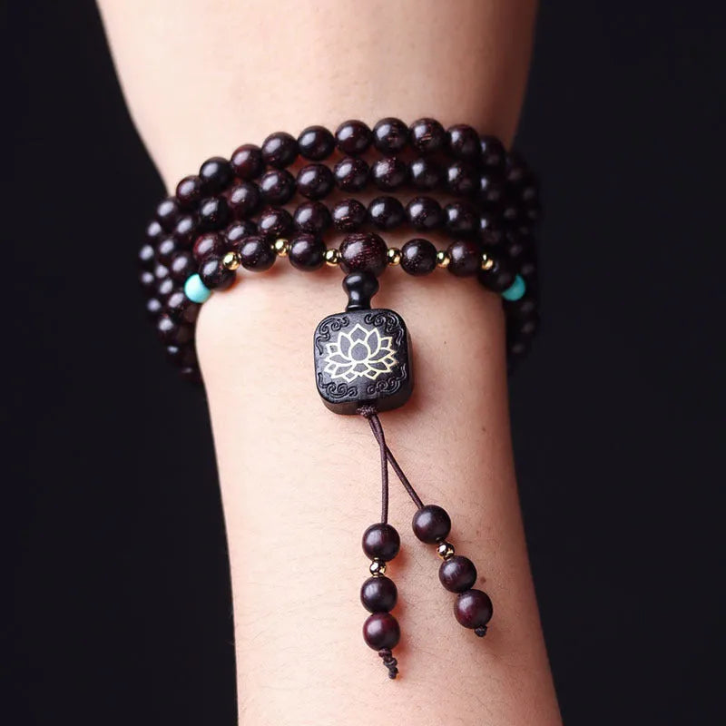 Zambia Rosewood 108 bead bracelet with flat lotus pendant and grinding finish
