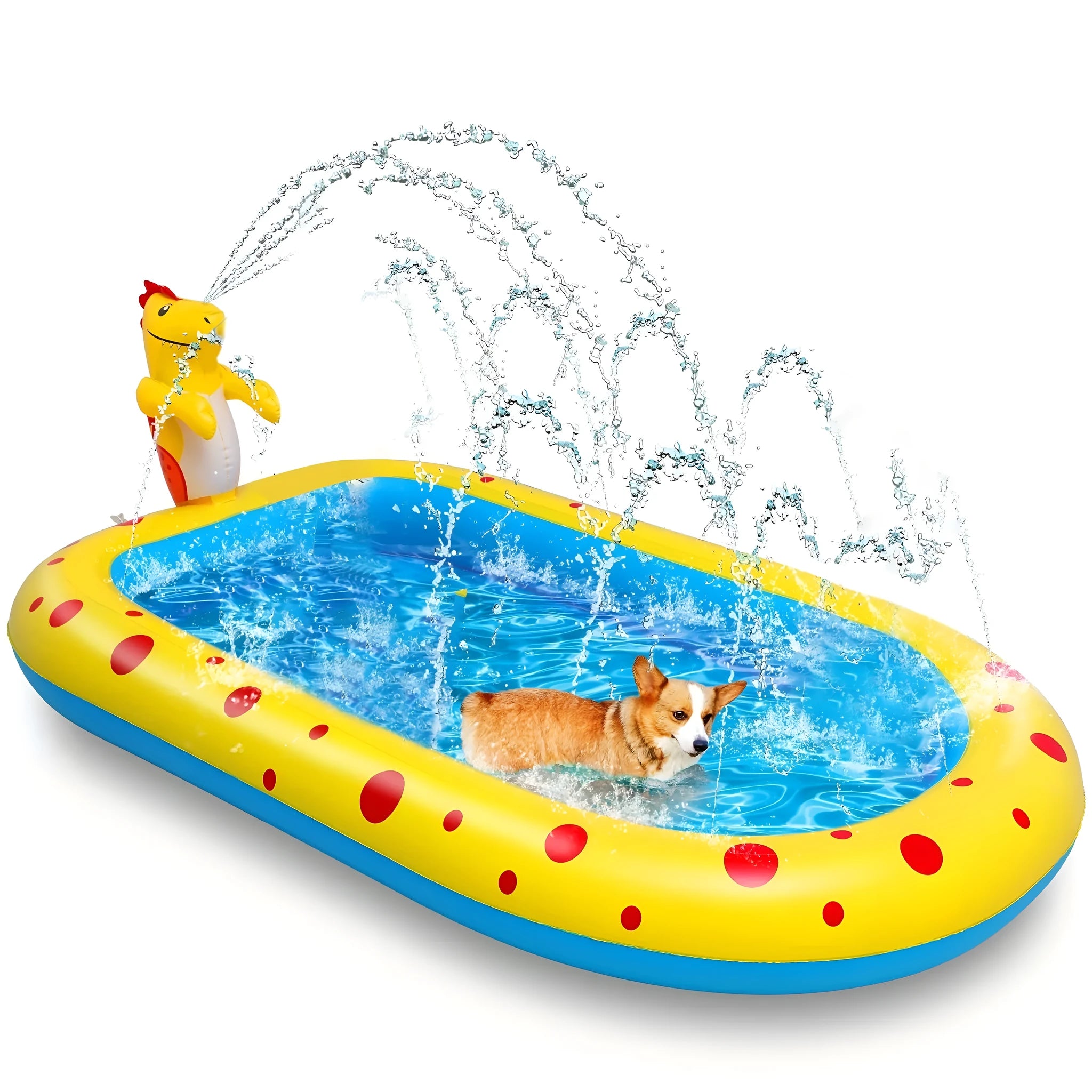 Blue dinosaur water spray pool for kids outdoor water play measuring 170cm