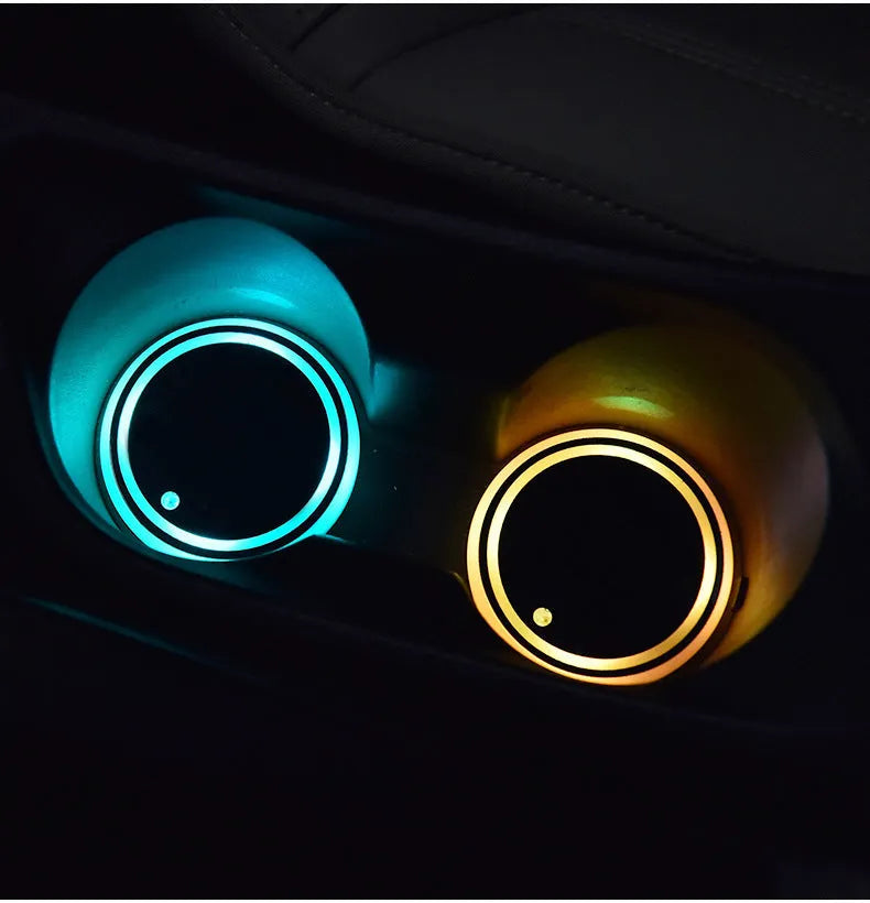Colourful LED light-up coaster in car cup holder with seven lighting options