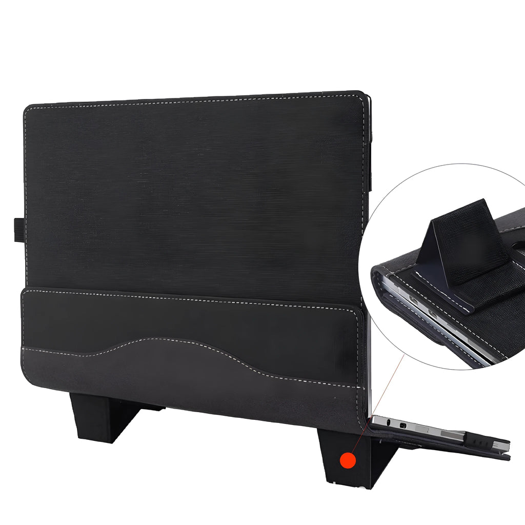 Black imitation leather Microsoft laptop protective sleeve with bracket design and Chinese craft fabric detailing