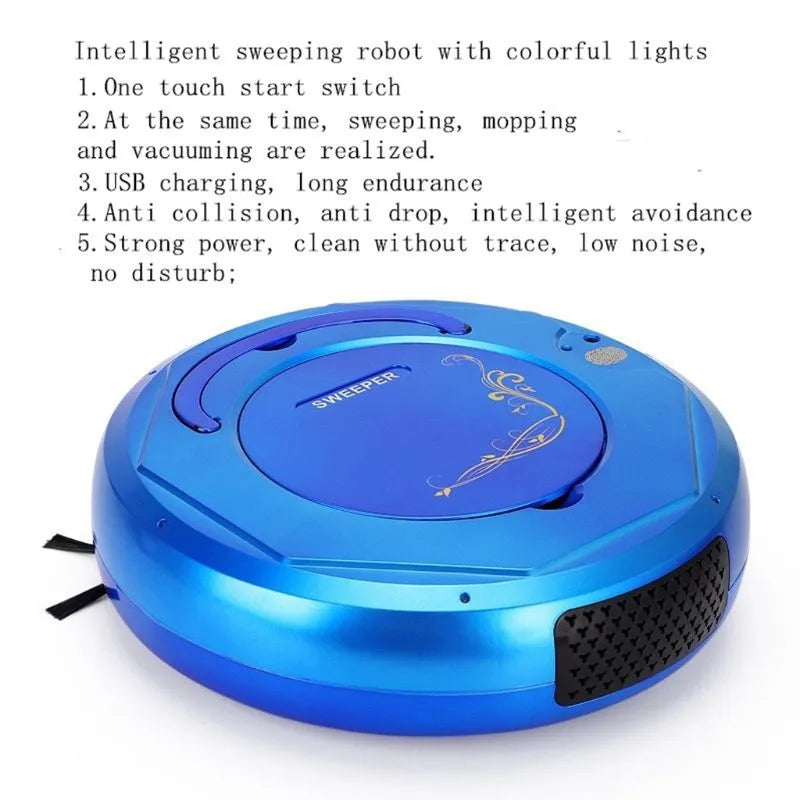 Lazy Smart floor sweeping robot vacuum cleaner in black, blue, or white colour on hard flooring.