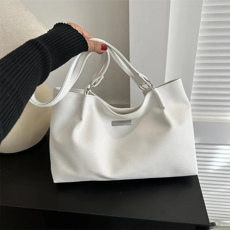 Women's large capacity PU tote shoulder bag in horizontal square shape with double straps, available in four colours