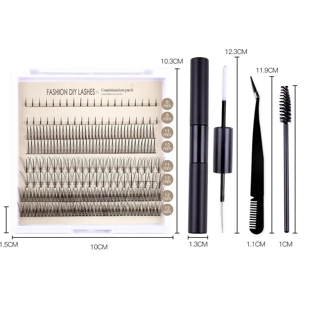 Single-cluster false eyelash glue suit with artificial fibre lashes, tweezers, and brush in black tools option
