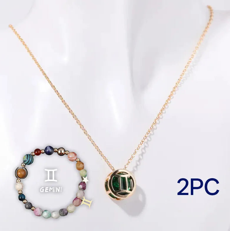 Natural stone beaded necklace set with matching bracelet on display showing twelve style colour options
