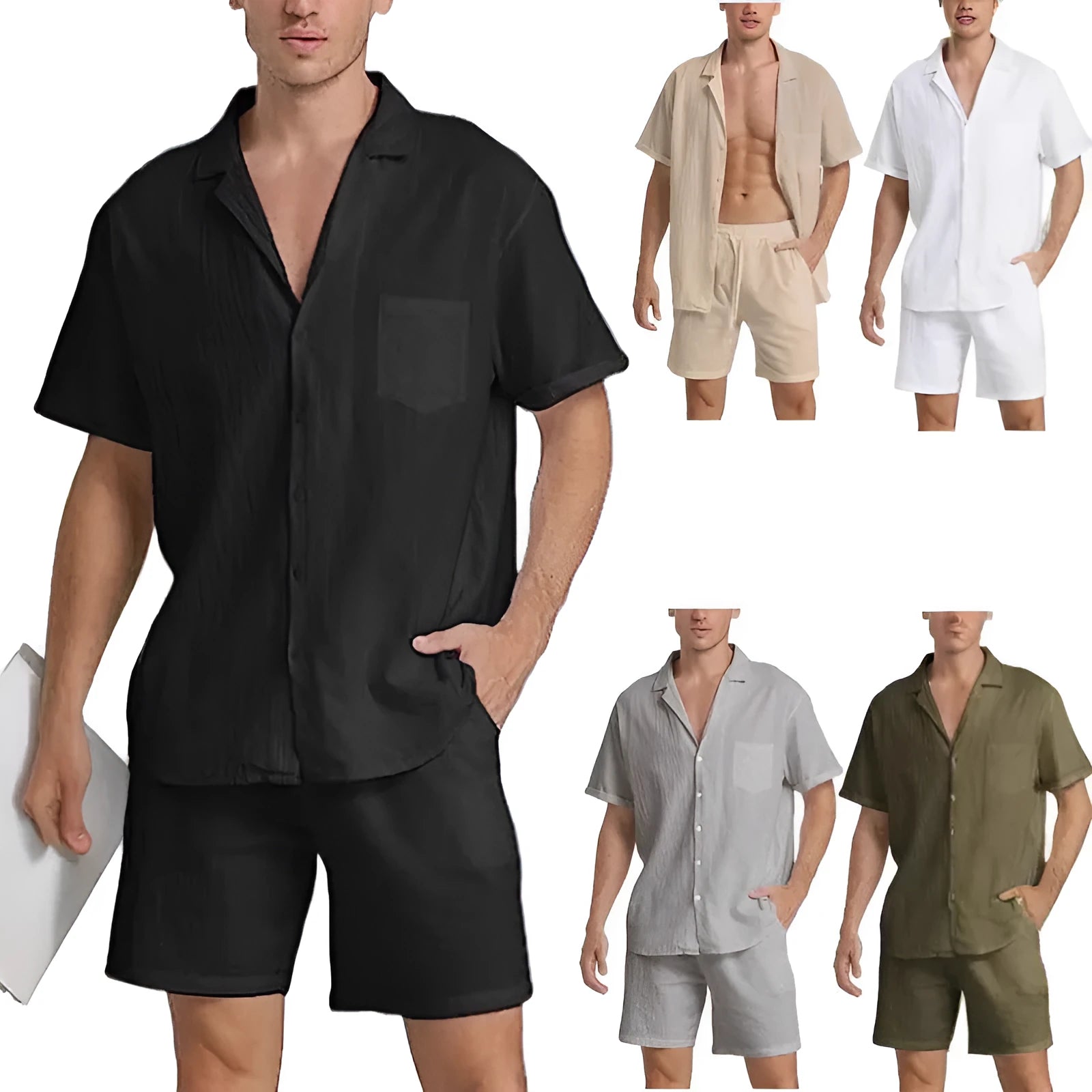 Men's summer sports short-sleeved shorts suit in linen blend black colour front view