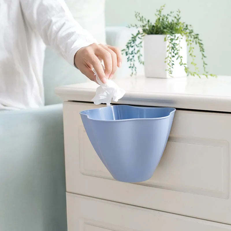 Compact Nordic cabinet garbage can with lid in blue, grey, and pink colour options, size 21x16x14cm