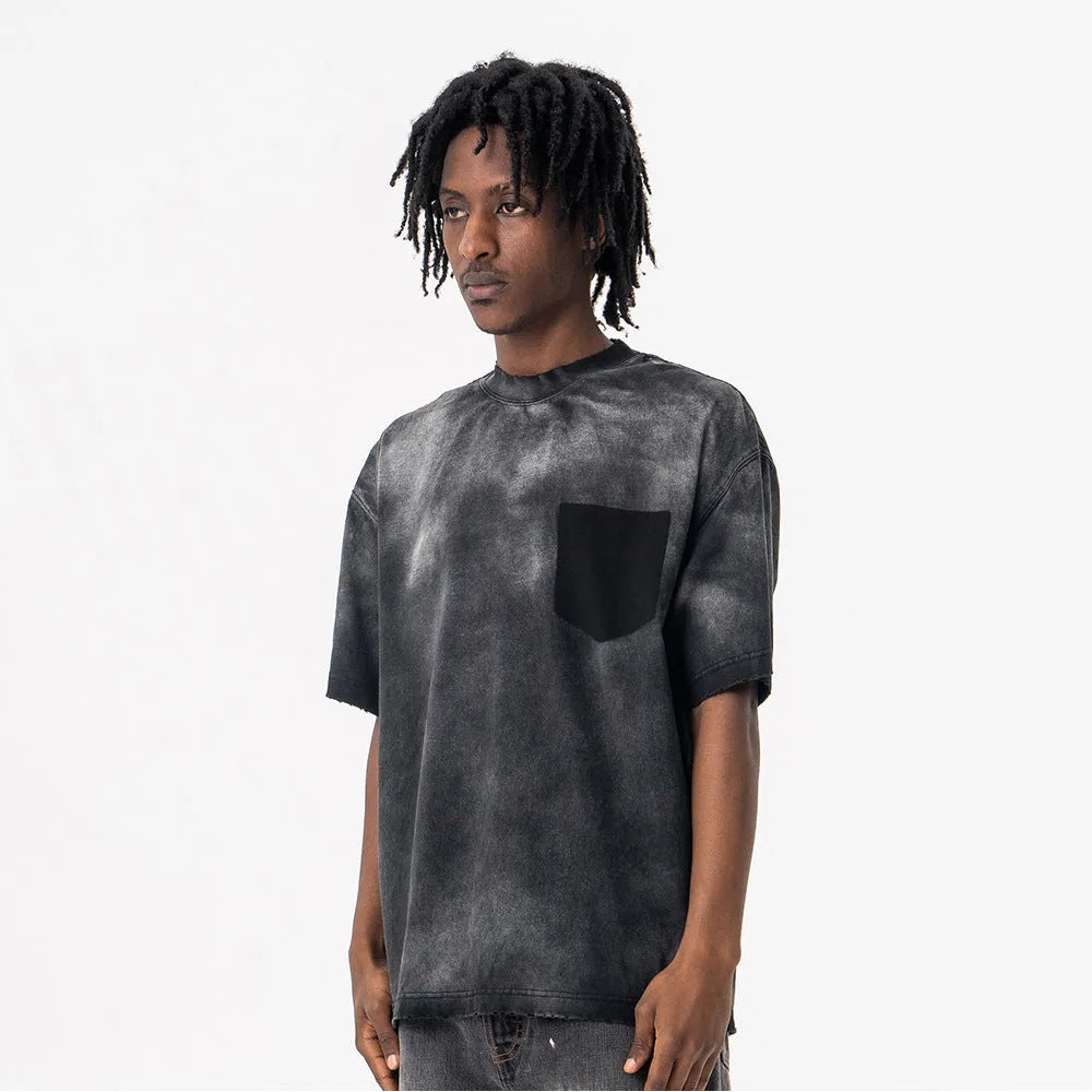 Black men's loose fit cotton T-shirt with printed letters and drop-shoulder sleeves