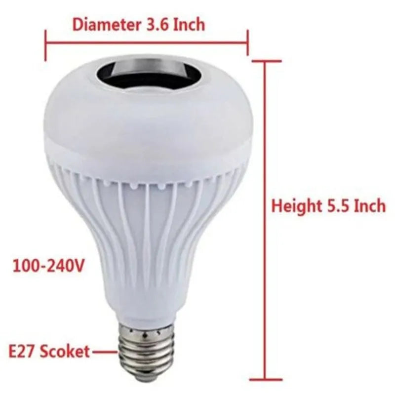 White smart LED Bluetooth speaker light bulb with E27 screw base for colour-changing mood lighting.