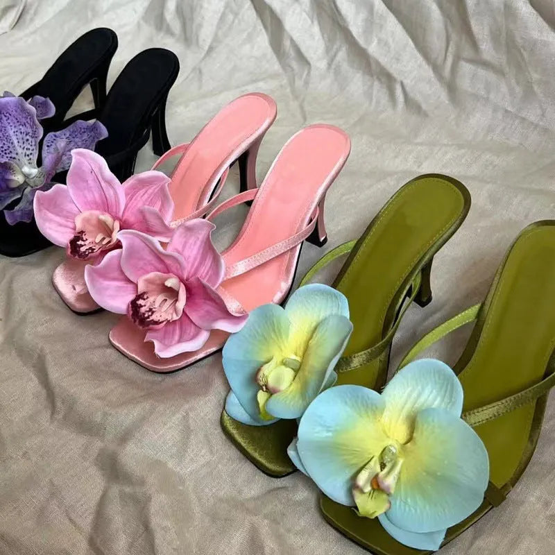 Pink satin square toe women's sandals with artificial phalaenopsis flower and mid heel