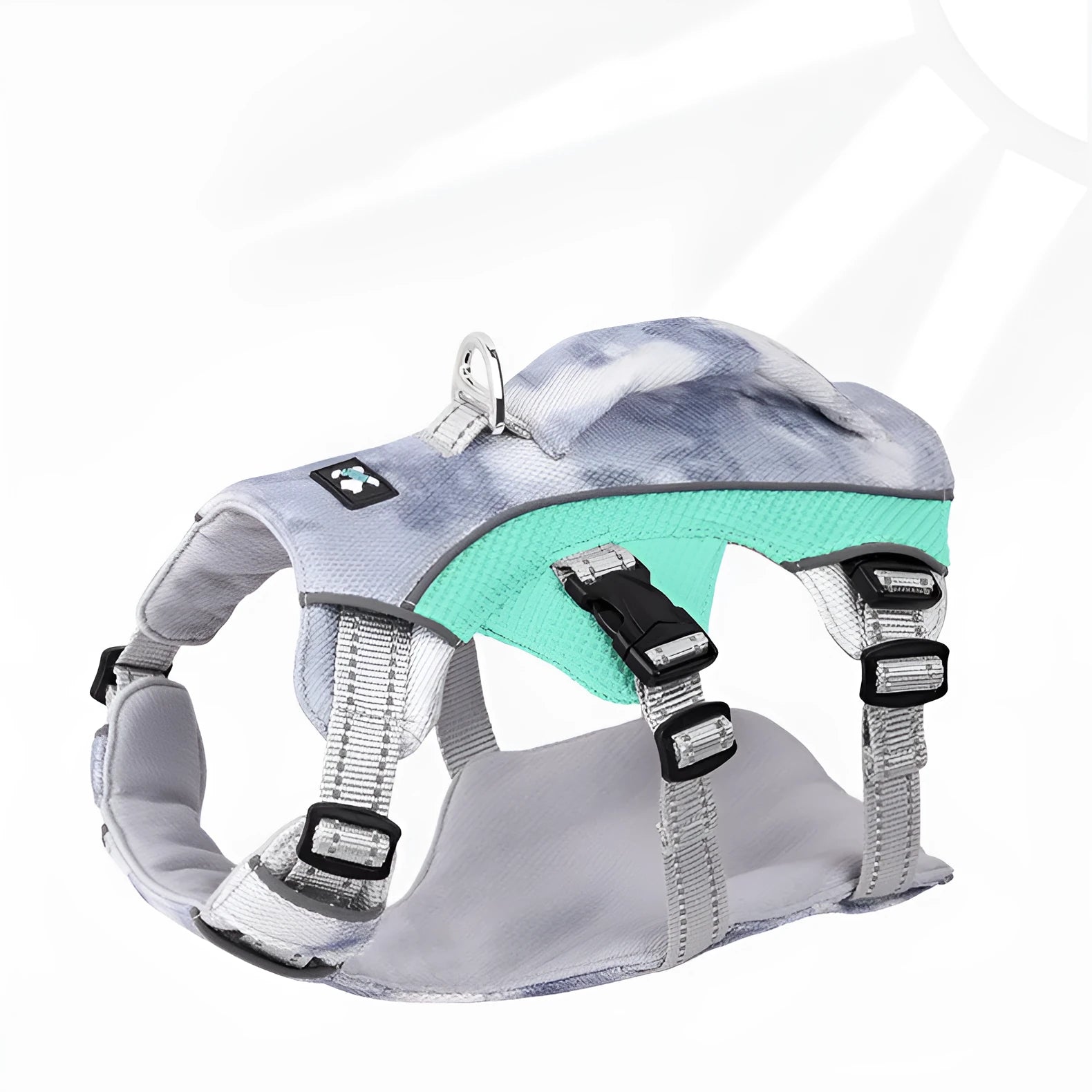 Reflective light blue dog chest strap showing adjustable design for summer walking safety