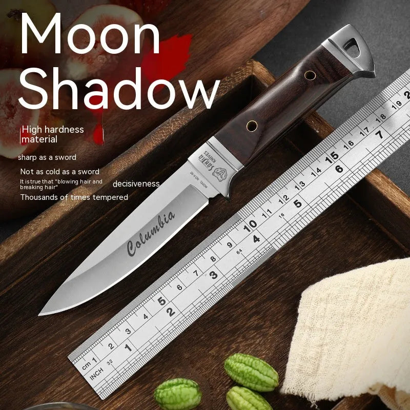 Camping portable fruit knife with stainless steel blade and leather sheath case