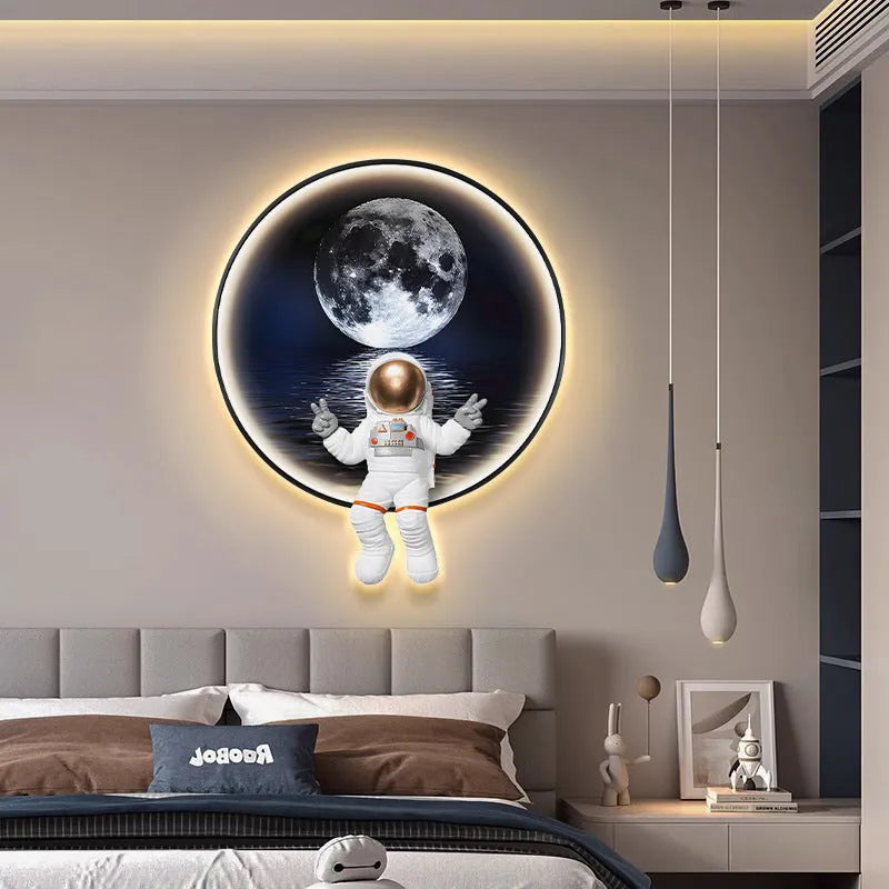 Canvas spaceman wall painting bedside lamp with USB cable in small size modern children's room decor