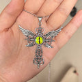 Geometric devil wings and cross alloy pendant necklace in blue, green, purple, red, or yellow.