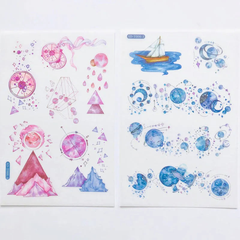 Hand account paper sticker set with fantasy stars design on Japanese paper sheet, 10.5x14.1cm, in paper bag packaging