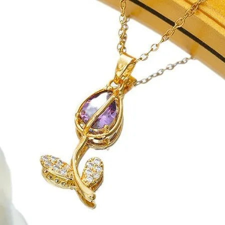 Gold-toned zircon tulip pendant necklace on titanium steel O-ring chain with adjustable 41-50cm length