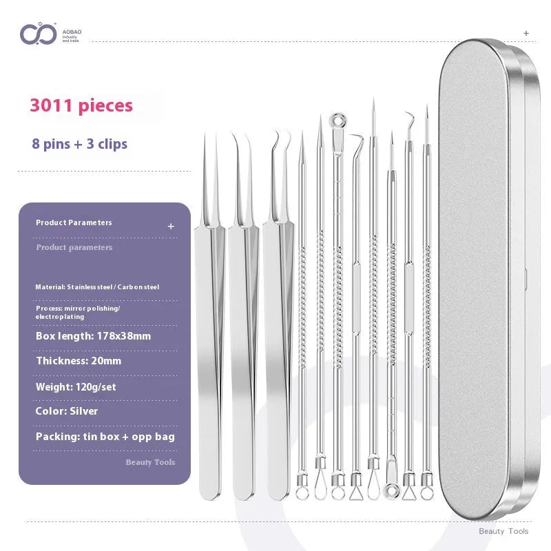 Four silver metal acne needles with ultra-fine points for blackhead removal.