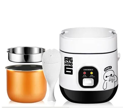 Miniature automatic rice cooker with round shape, steam pan and non-stick inner pot in compact design
