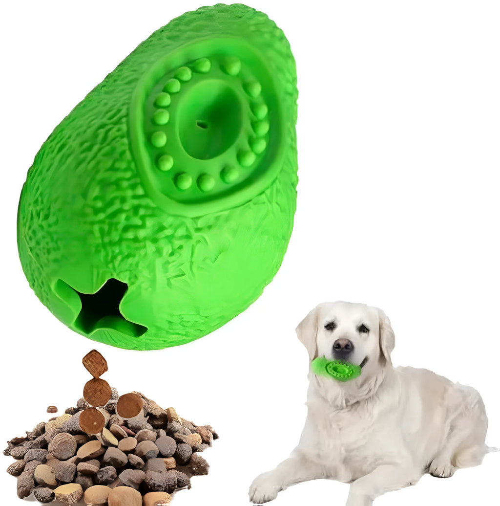 Green natural rubber dog chew toy with avocado shape and hollow food cavity