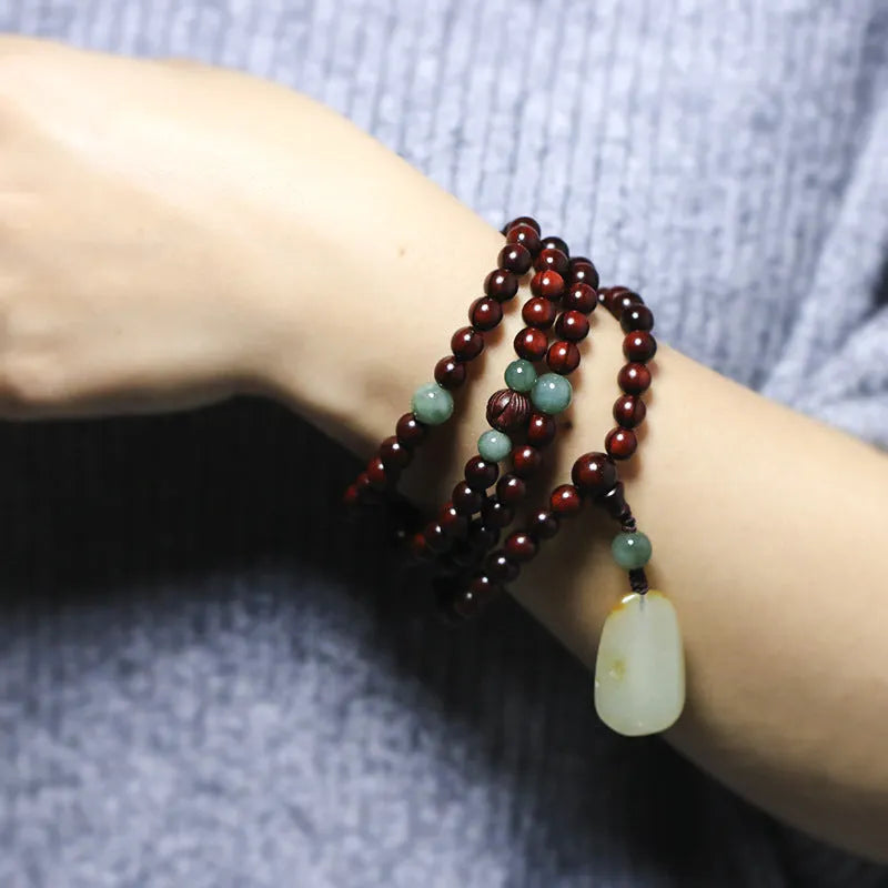 Rosewood 6mm beads bracelet with Hotian jade pendant, unisex national style, carved surface