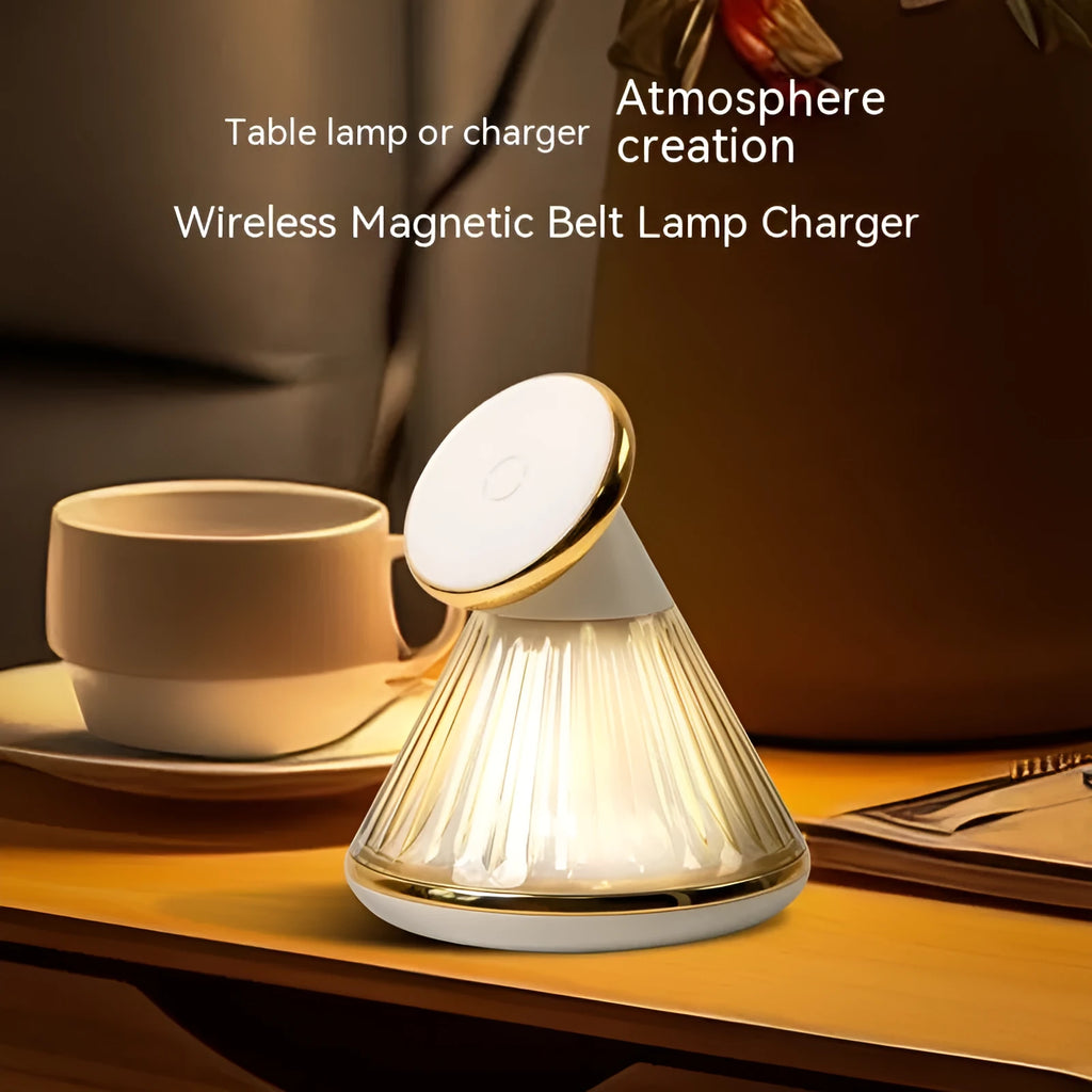 Night table lamp with magnetic wireless charger base in champagne gold, showing Type-C port and adjustable brightness controls