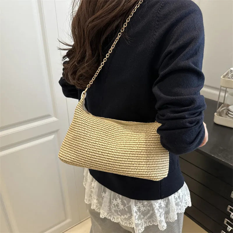 Straw woven beach shoulder tote bag in khaki with sandwich pocket and internal phone pocket