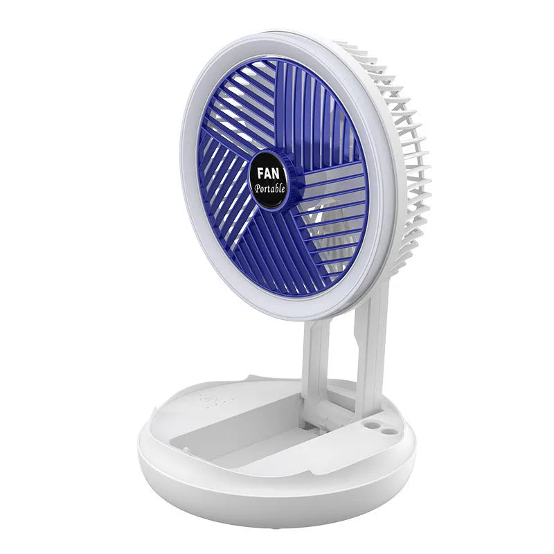 USB charging foldable table fan with LED light in blue, showing 4 speed settings and 300° rotation for home cooling