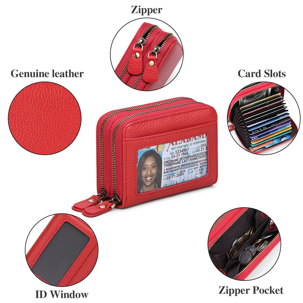 Cowhide double layer zipper expanding card holder in red with anti-theft RFID protection and gift box