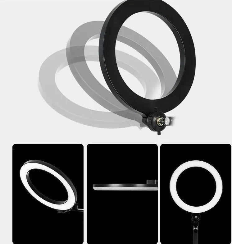 Black aluminium alloy floor stand holding a mobile phone with built-in fill light switched on