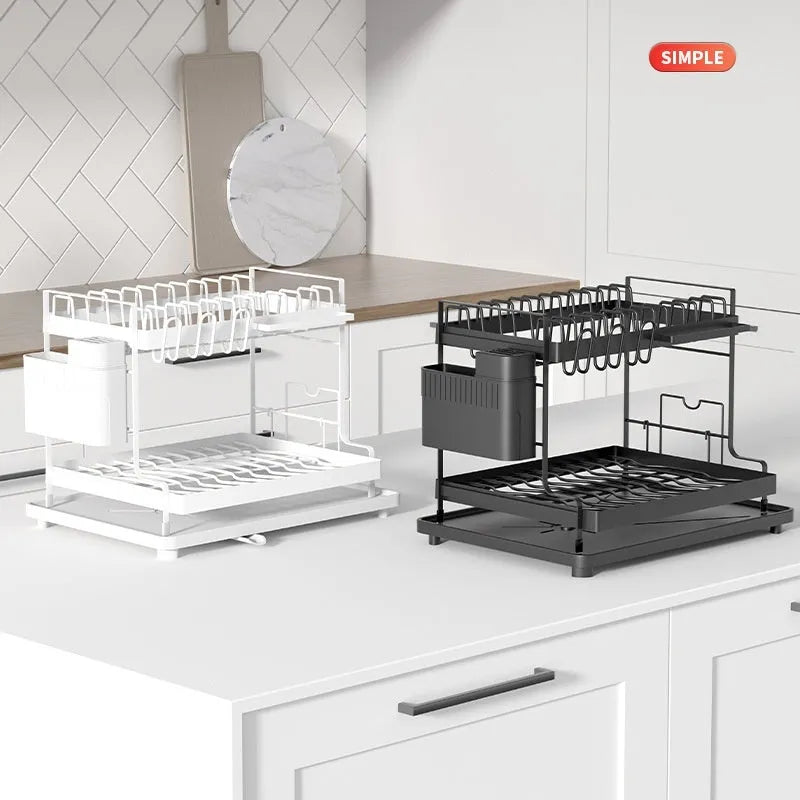 White double-layer kitchen storage rack with removable draining shelf made from carbon steel