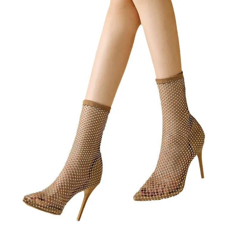 Gold mesh high heel sandals with pointed stiletto design and rubber sole