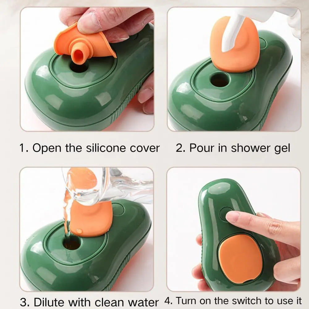 Green rechargeable cat steam brush with water spray nozzle and soft silicone teeth on a white background.
