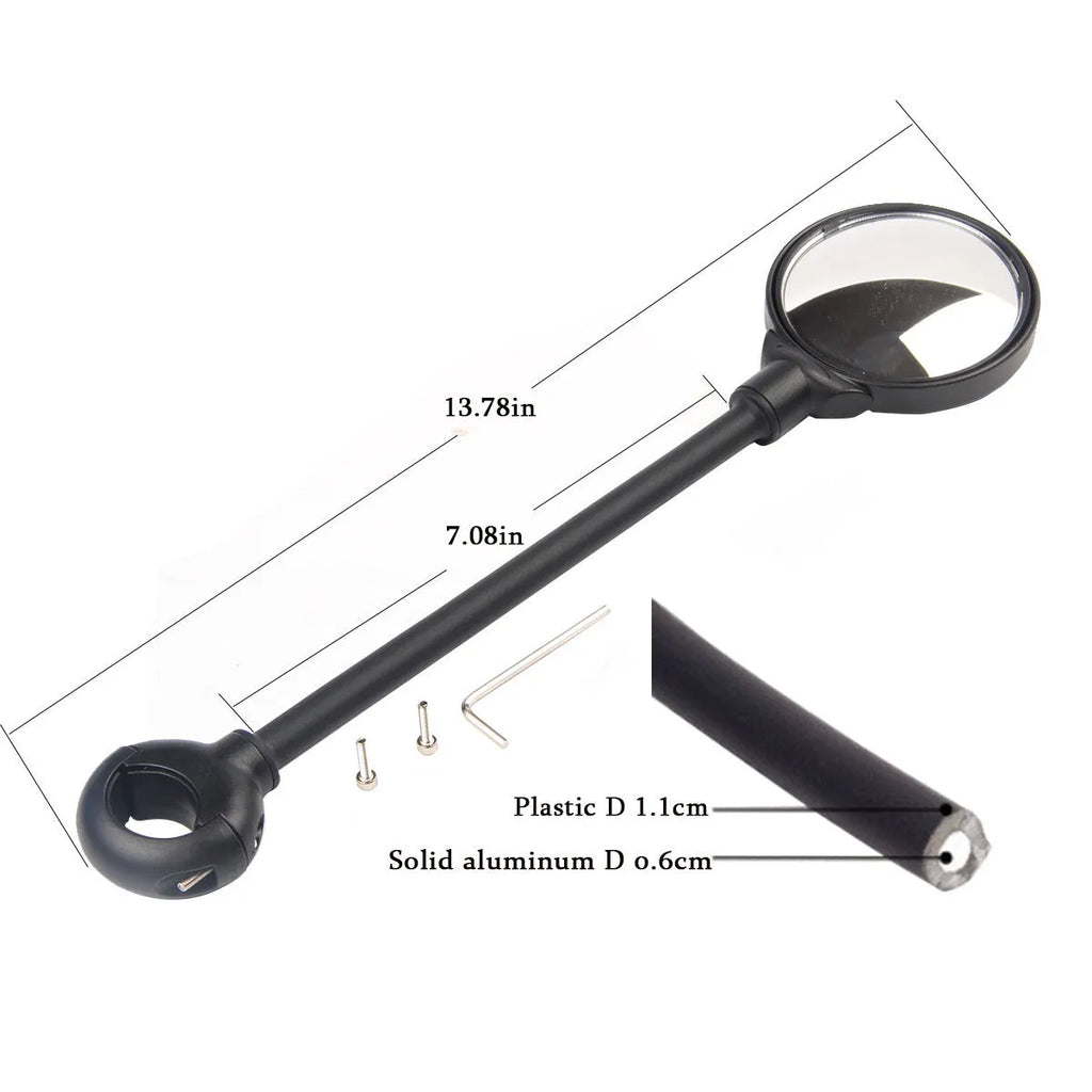 Hose adjustment bicycle rearview mirror in black colour with metal construction for universal handlebar fit