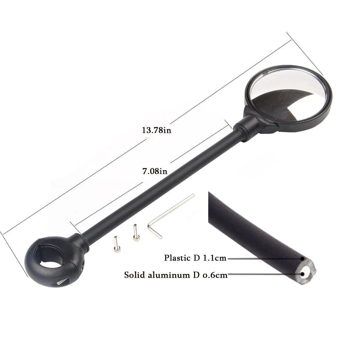 Hose adjustment bicycle rearview mirror in black colour with metal construction for universal handlebar fit