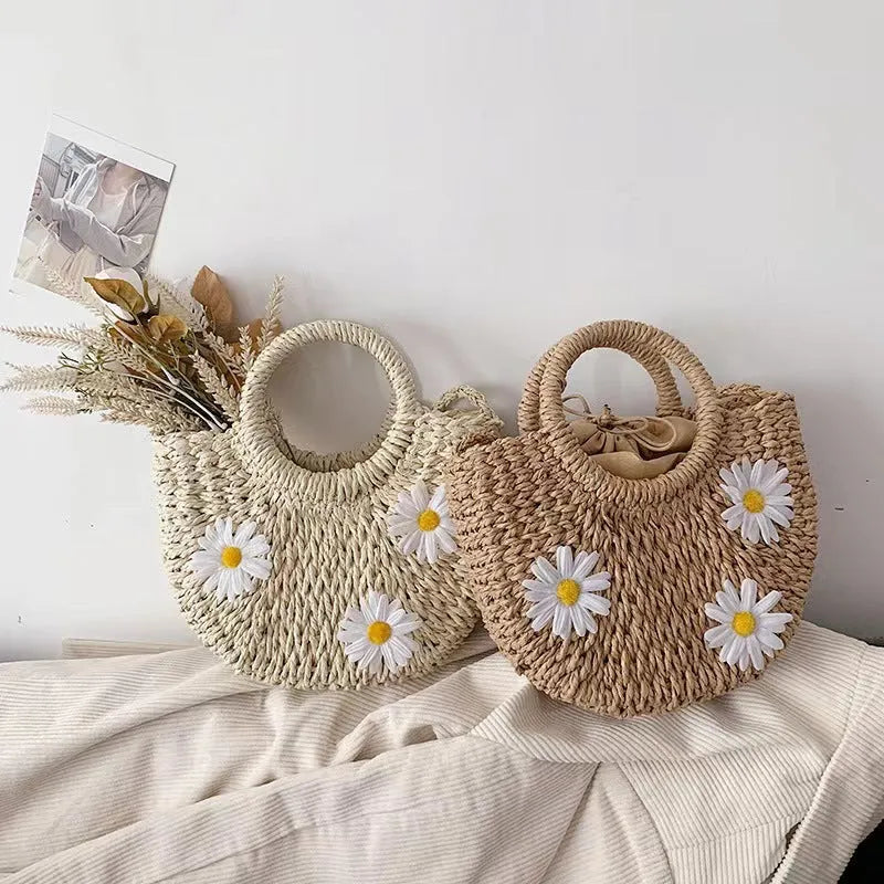 Women's daisy woven straw crossbody bag, light brown, 25x20x8cm, for casual travel