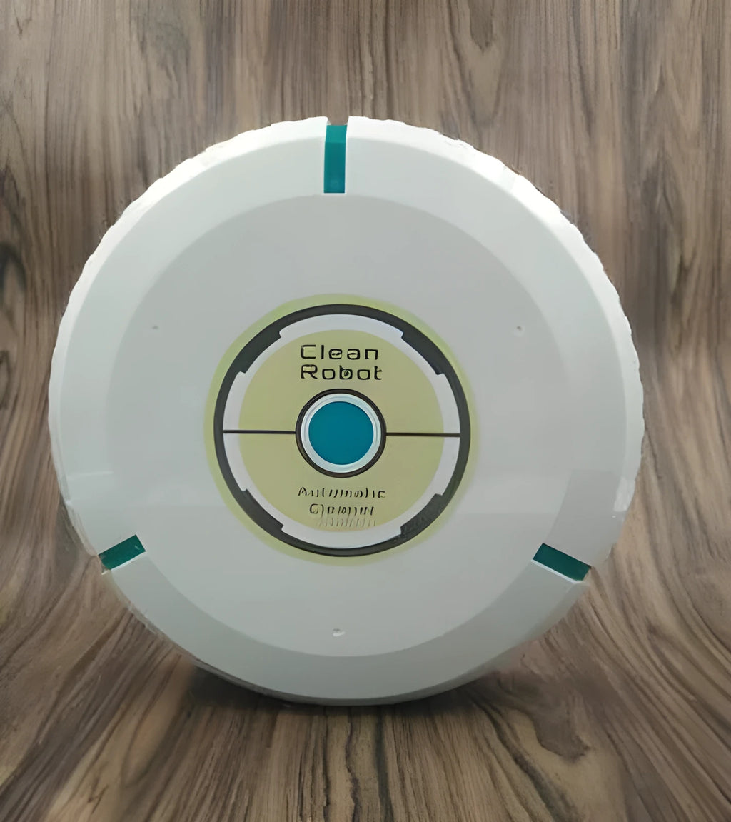 Black and white ABS robot vacuum cleaner on a wooden floor