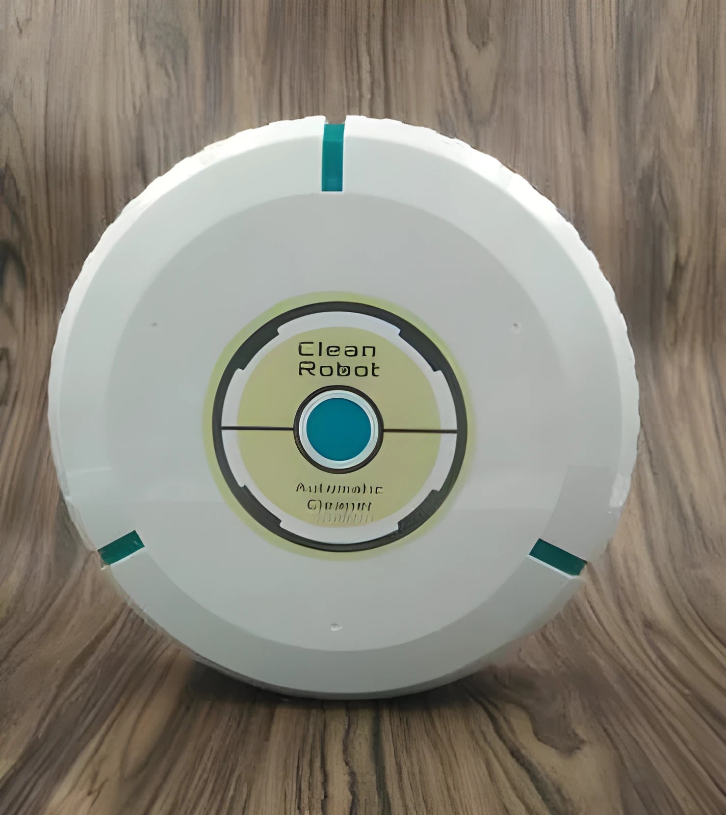 Black and white ABS robot vacuum cleaner on a wooden floor