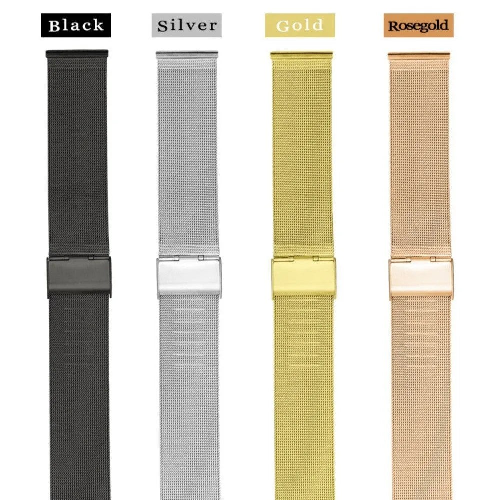 Milani Silk woven stainless steel watch band in silver, black, rose gold, and gold colour options.