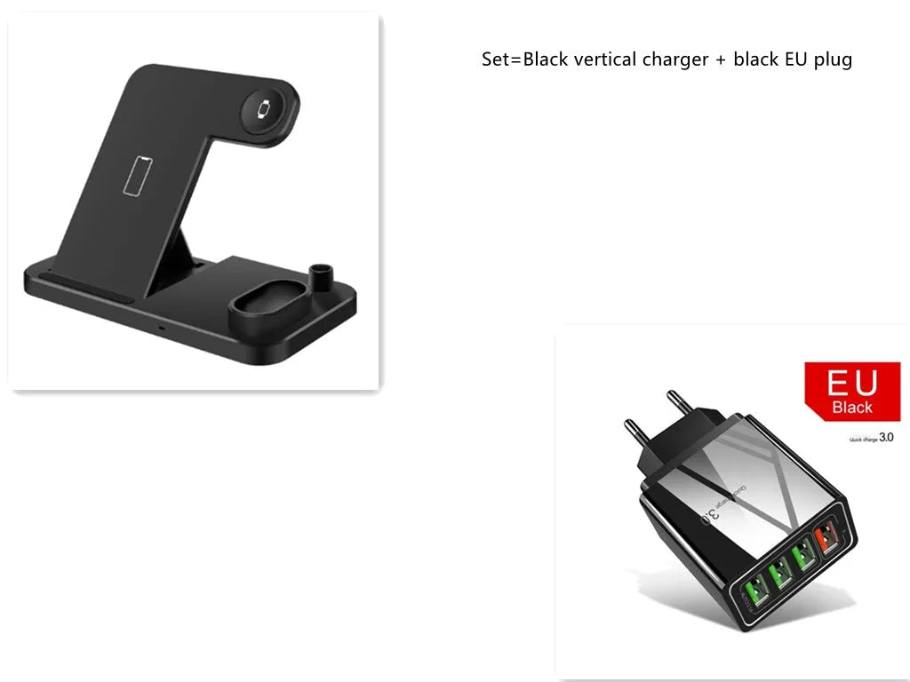 Black 4-in-1 wireless charging station for iPhone, Apple Watch, AirPods and Apple Pencil on a desk