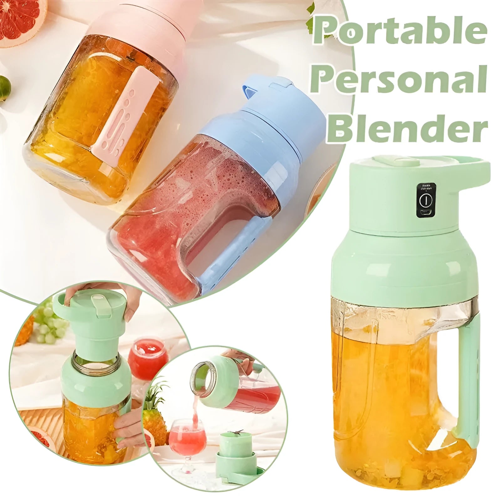 Portable electric juicer 1500ml USB rechargeable in pink with double handles and steel blades