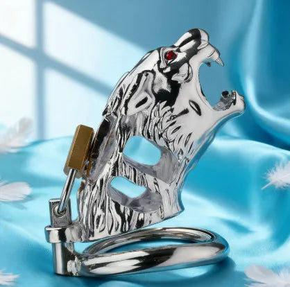 Yellow stainless steel chastity lock with tiger head hollow design, available in 40mm 45mm 50mm